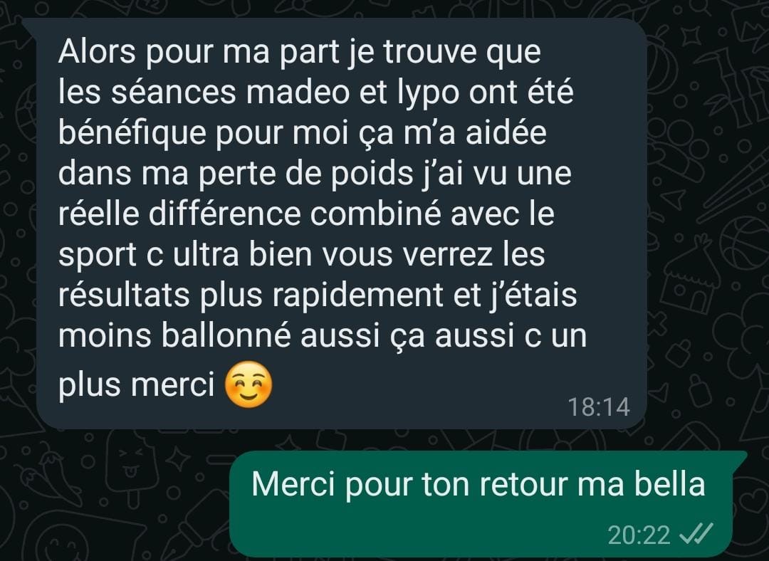 Avis WhatsApp : séances madérothérapie et lipo-cavitation bénéfiques pour la perte de poids, résultats visibles combinés au sport.
