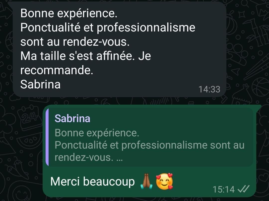 Témoignage de Sabrina : ponctualité, professionnalisme et taille affinée — cliente recommande Tata Beauty Esthétique.