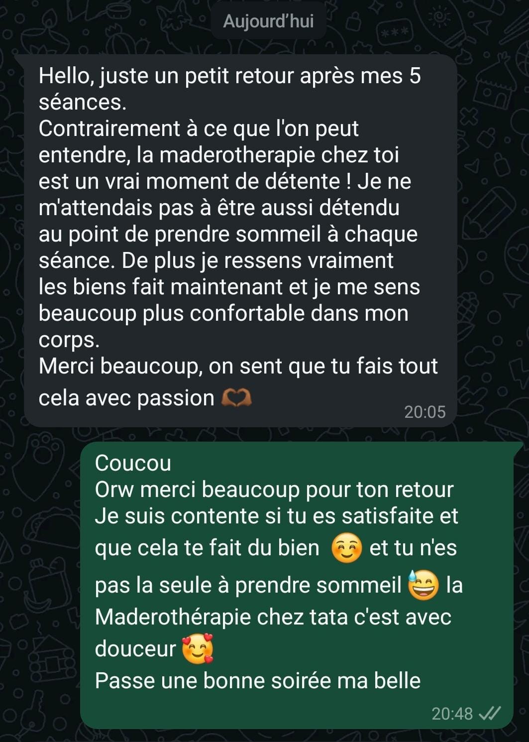 Retour après 5 séances : la madérothérapie chez Tata Beauty est un vrai moment de détente, corps plus confortable et bien-être ressenti.