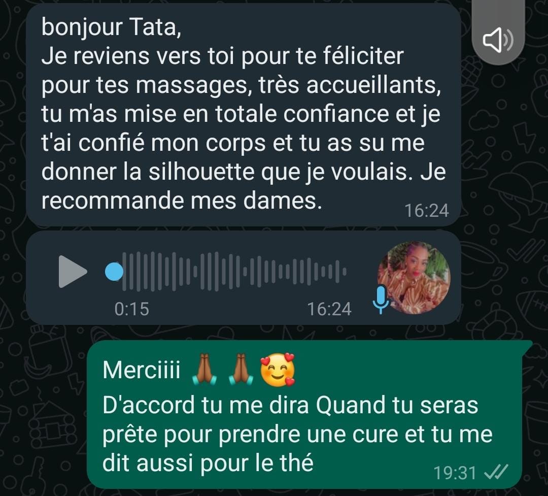 Avis WhatsApp : massages accueillants, mise en confiance totale et silhouette souhaitée obtenue grâce à Tata Beauty Esthétique.