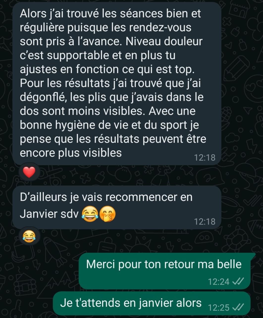 Avis WhatsApp d'une cliente satisfaite : séances régulières, douleur supportable et plis du dos moins visibles après madérothérapie chez Tata Beauty Esthétique.