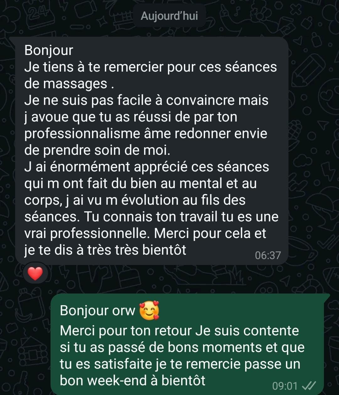 Avis WhatsApp : professionnalisme qui redonne envie de prendre soin de soi, évolution positive au fil des séances chez Tata Beauty Esthétique.